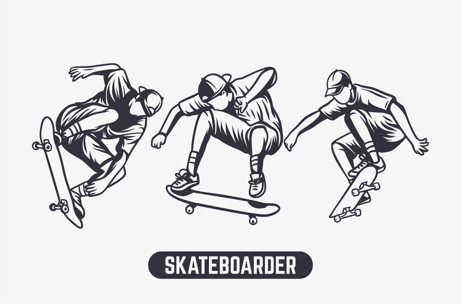 elemento di design illustrazione in bianco e nero dello skateboarder vettore