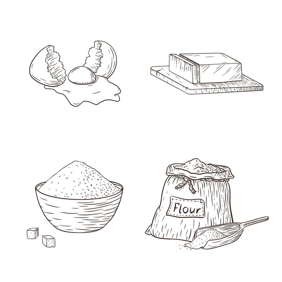 raccolta di ingredienti da forno. set di illustrazioni di cibo disegnate a mano per logo, ricetta, adesivo, stampa, design e decorazione di menu da forno vettore