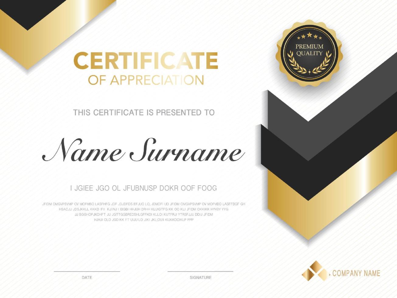 modello di certificato di diploma colore nero e oro con immagine vettoriale di lusso e stile moderno.