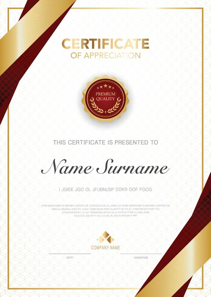 modello di certificato di diploma colore rosso e oro con immagine vettoriale di lusso e stile moderno, adatto per l'apprezzamento. illustrazione vettoriale.