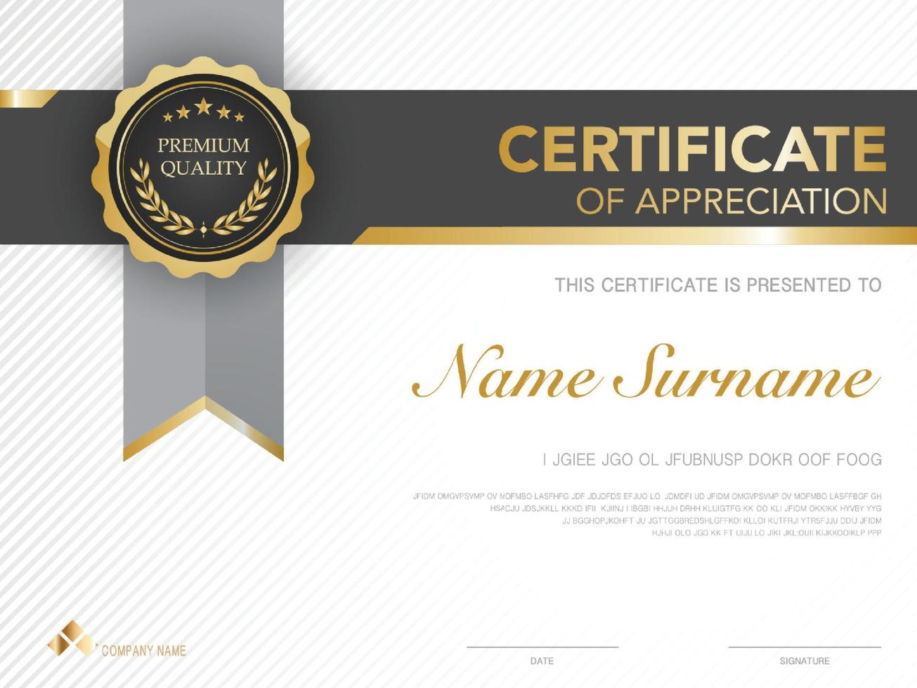 modello di certificato nero e oro con immagine di stile di lusso. diploma di disegno geometrico moderno. vettore eps10