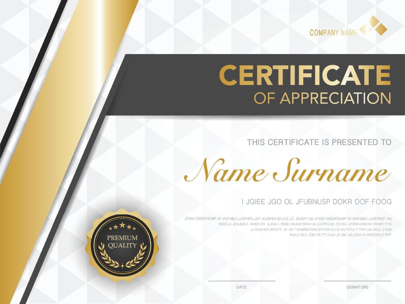 modello di certificato nero e oro con immagine di stile di lusso. diploma di disegno geometrico moderno. vettore eps10