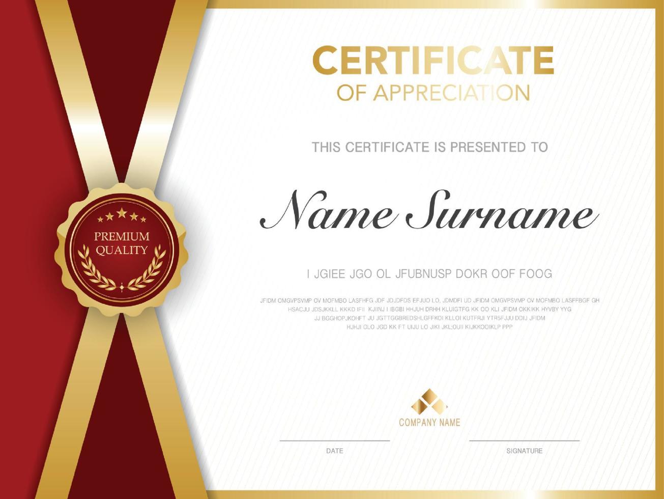 modello di certificato di diploma di colore rosso e oro con immagine vettoriale di lusso e stile moderno.