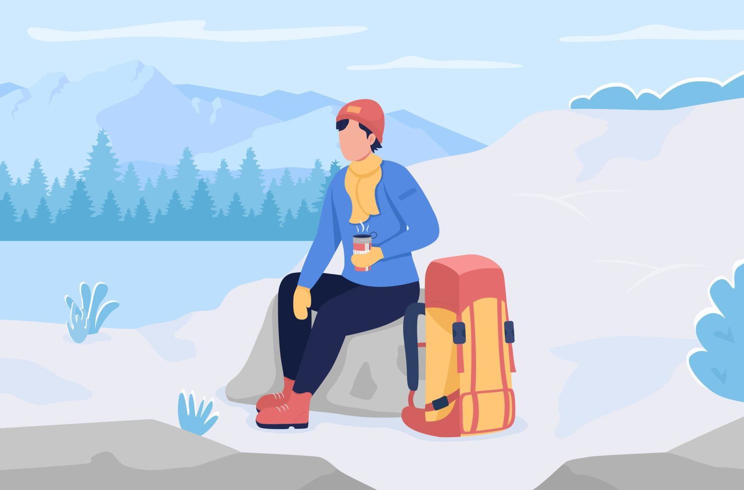 resto durante l'illustrazione di vettore di colore piatto di escursionismo invernale. escursionista in viaggio. persona seduta su un masso che beve tè personaggio dei cartoni animati 2d con lago ghiacciato e montagne innevate sullo sfondo
