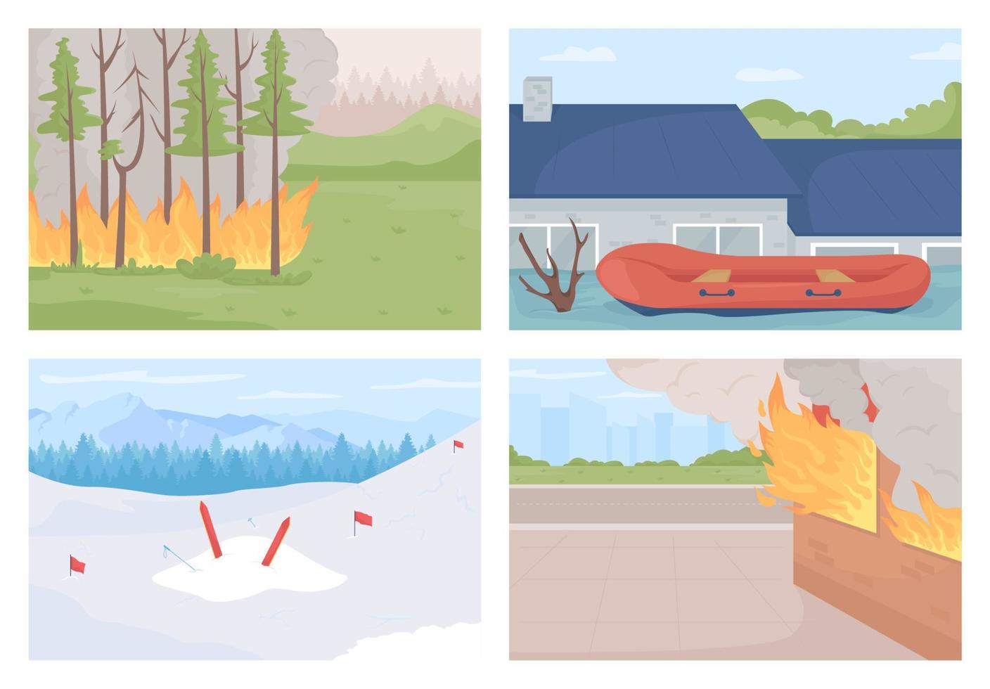 set di illustrazioni vettoriali a colori piatti disastri ambientali. incidenti naturali. eventi meteorologici catastrofici. inondazioni e incendi collezione di paesaggi di cartoni animati 2d con paesaggi naturali sullo sfondo