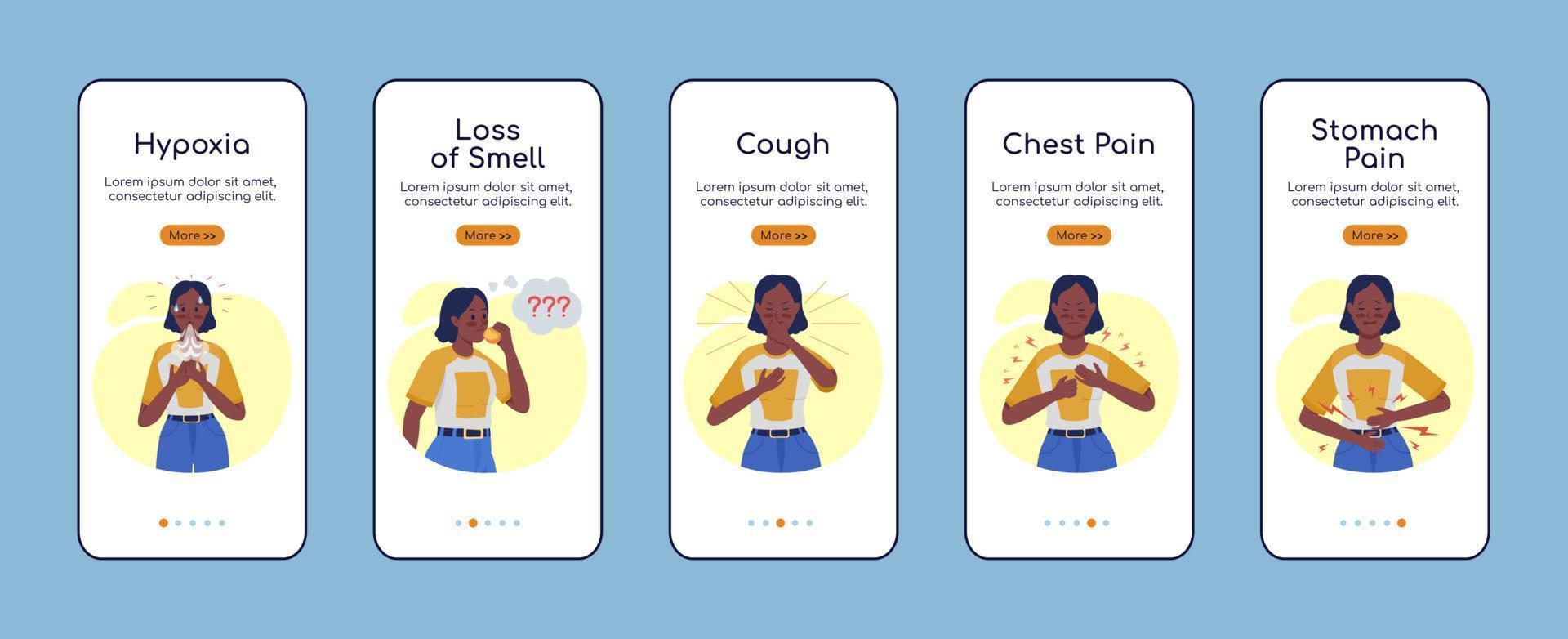 modello di vettore piatto schermo dell'app mobile onboarding sintomo covid. assistenza sanitaria. procedura dettagliata sito Web 5 passaggi con personaggi. creative ux, ui, gui interfaccia cartone animato per smartphone, set di stampe di custodie