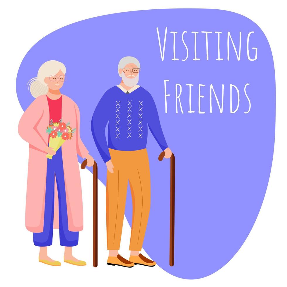 visitando amici social media post mockup. pensionati con bastone da passeggio. modello di banner web pubblicitario. potenziamento dei social media, layout dei contenuti. poster promozionale, annunci stampati, illustrazione piatta vettore