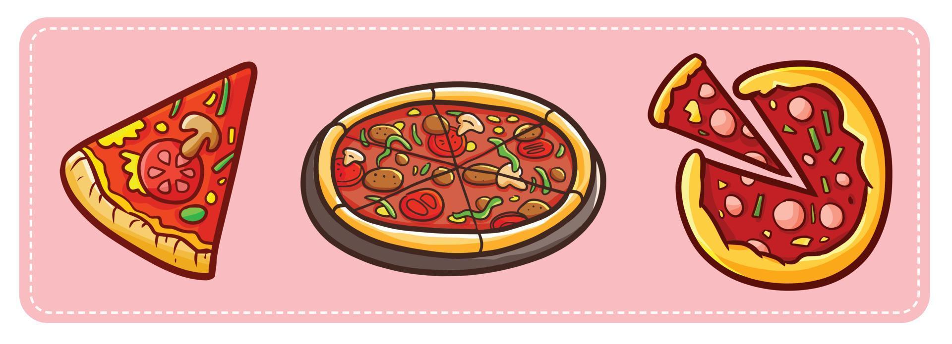 set pizza in stile cartone animato divertente vettore