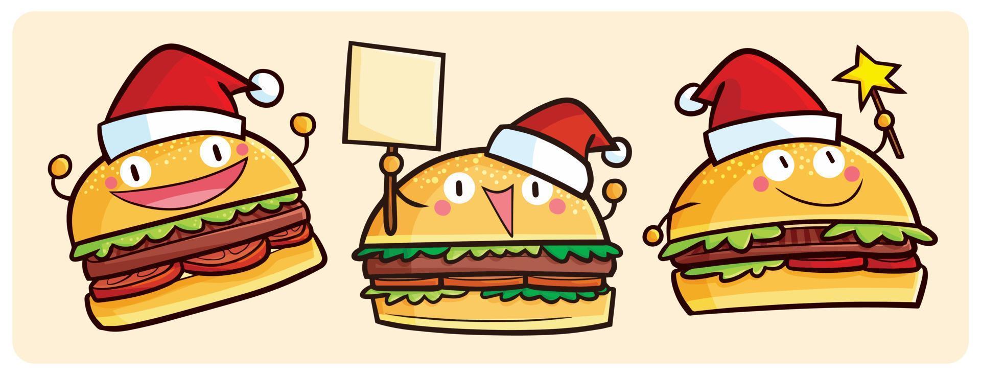 set di personaggi dei cartoni animati di hamburger di Natale carino vettore