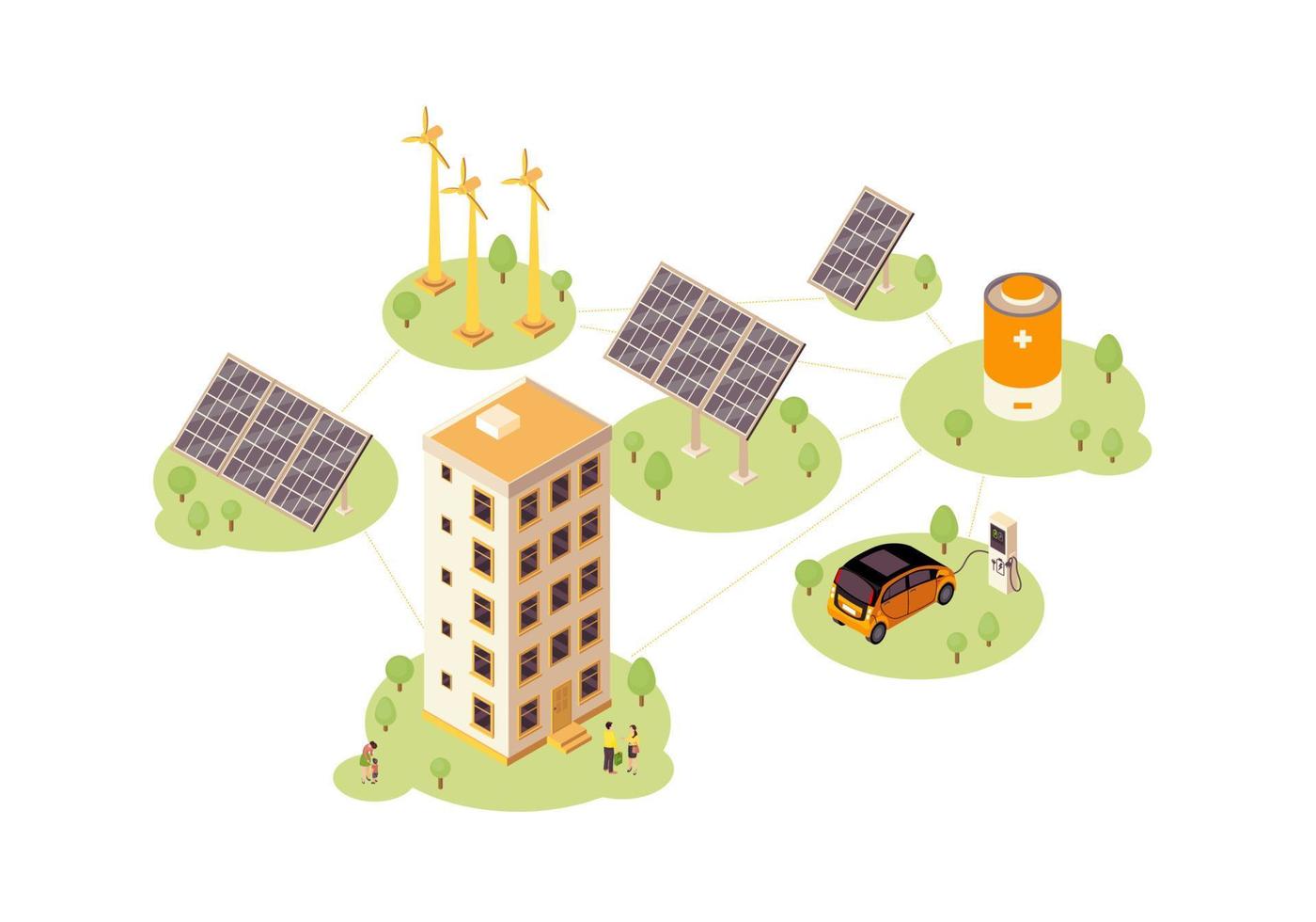 illustrazione vettoriale di colore di energia rinnovabile. solare, infografica sulla produzione di energia eolica. stazione di ricarica per auto elettriche. concetto di energia ecologica 3d. mulino a vento, rete solare, batteria. pagina web, design dell'app mobile