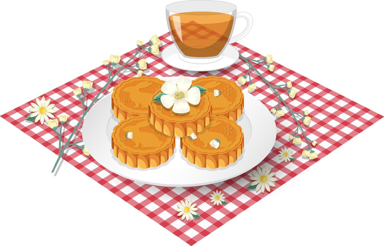 pila di mooncakes con tazza da tè sulla tovaglia vettore
