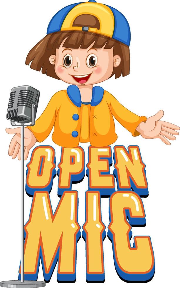 design del logo del microfono aperto con il personaggio dei cartoni animati della ragazza cantante vettore