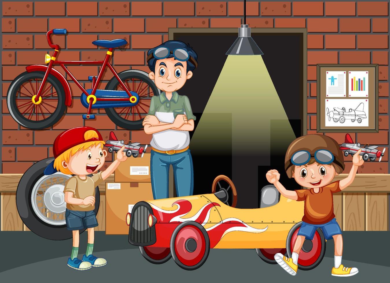 scena del garage con bambini che aggiustano un'auto insieme vettore