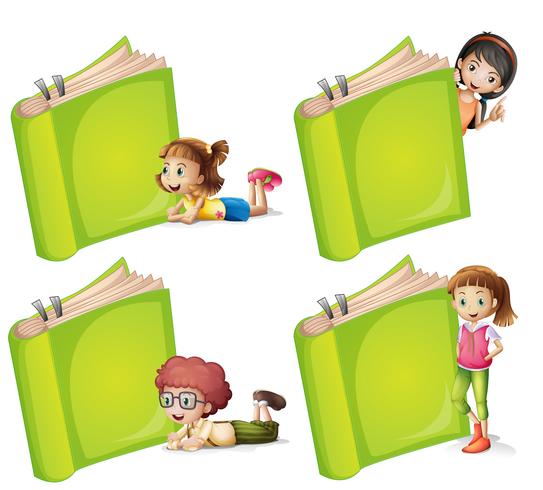 Bambini felici con un grande libro verde vettore