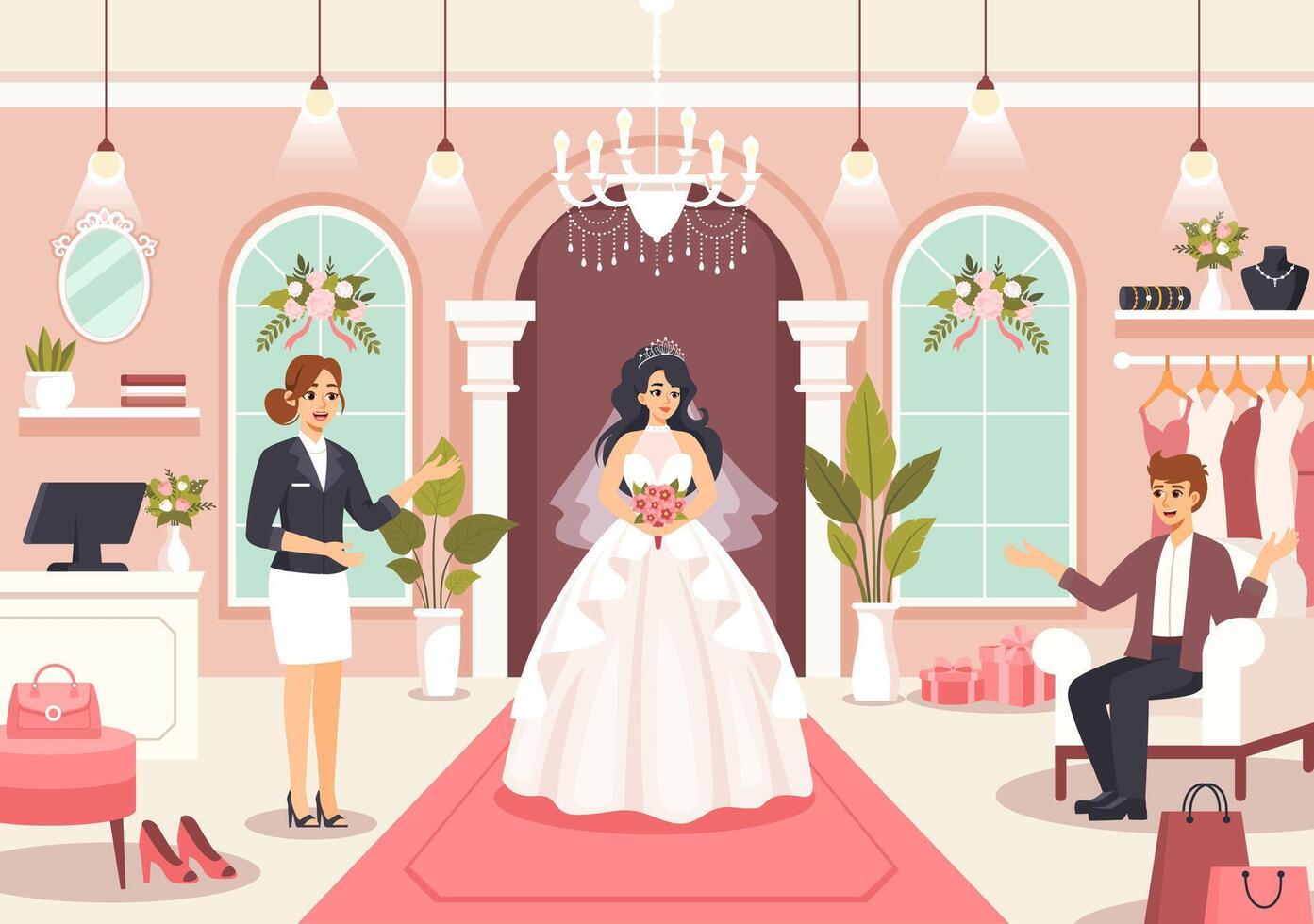 nozze negozio illustrazione con amante guardare per gioielleria, bellissimo sposa abiti e Accessori per ottenere sposato nel piatto cartone animato sfondo vettore