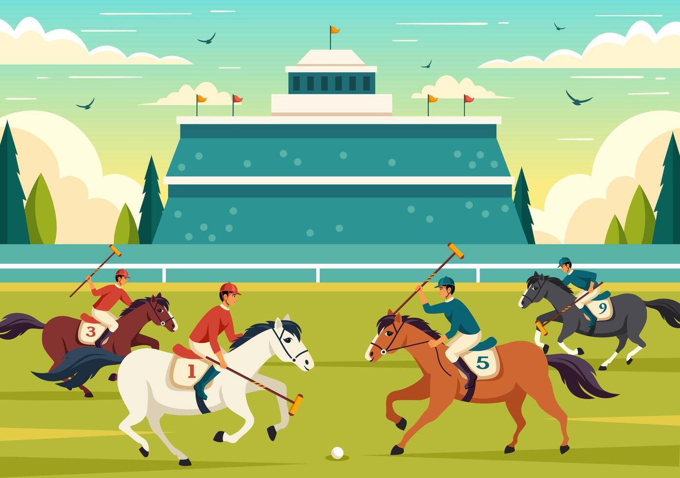 polo cavallo gli sport illustrazione con giocatore equitazione cavallo e Tenere bastone uso attrezzatura impostato per concorrenza nel piatto cartone animato sfondo vettore