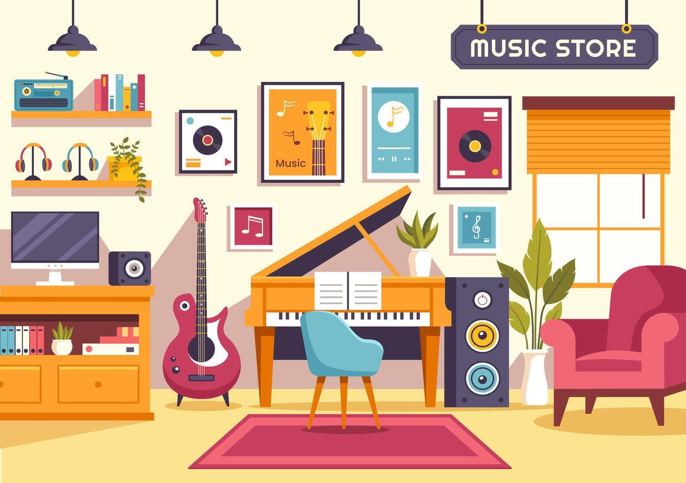 musica memorizzare illustrazione con vario musicale strumenti, CD, cassetta nastri e Audio registrazioni nel piatto stile cartone animato sfondo design vettore