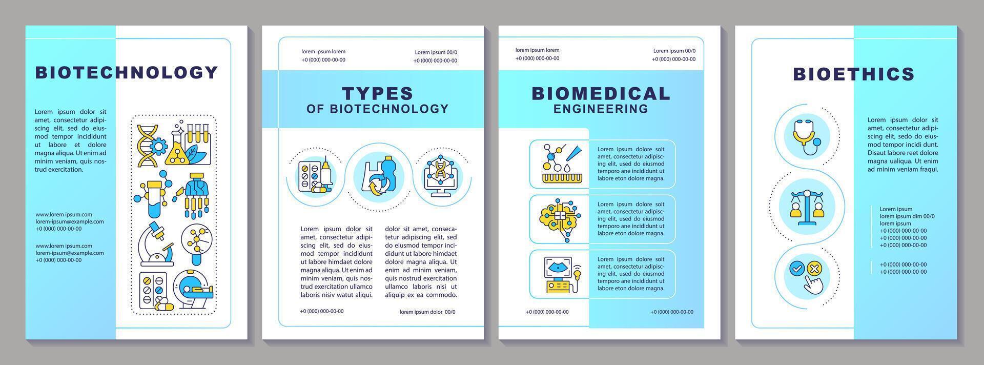 biotecnologia blu opuscolo modello. biomedico ingegneria. volantino design con lineare icone. modificabile 4 layout per presentazione, annuale rapporti vettore