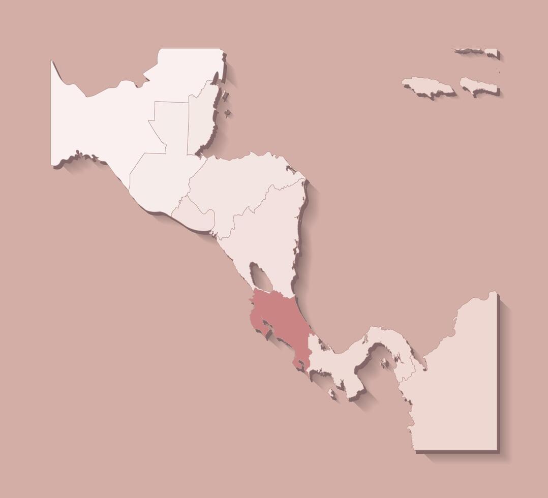 illustrazione con centrale America terra con frontiere di stati e segnato nazione costa rica. politico carta geografica nel Marrone colori con regioni. beige sfondo vettore