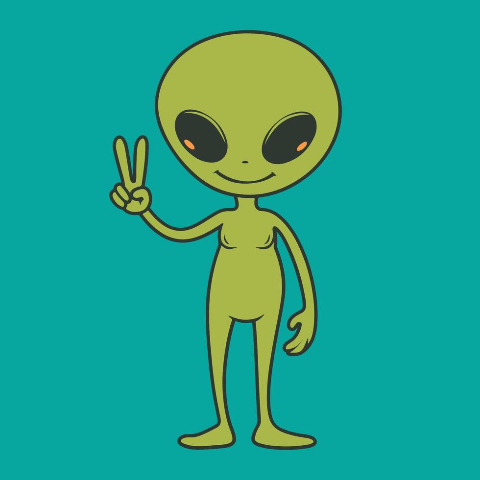 un' divertente alieno mostrando pace cartello illustrazione vettore