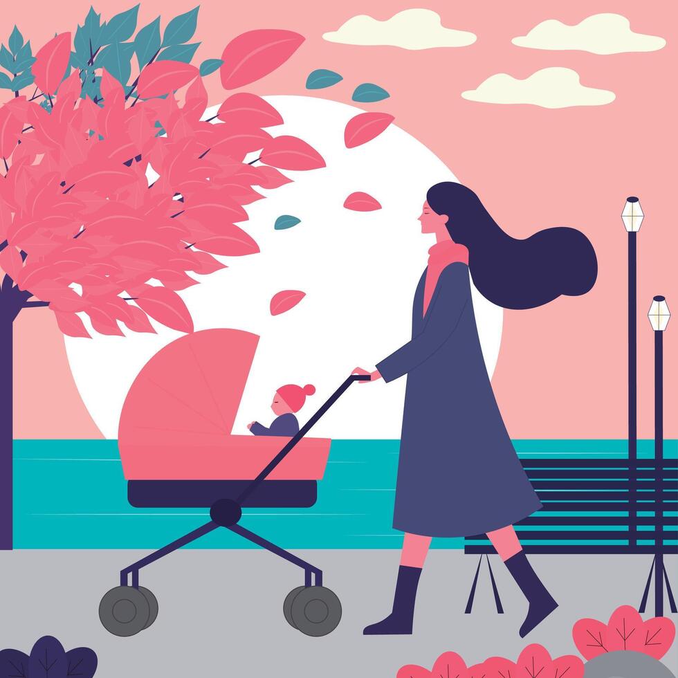 disegno di un' donna con un' bambino passeggino, e un' bambino a piedi nel un' parco con un' armonioso colore tavolozza, e capelli soffiaggio nel il vento vettore