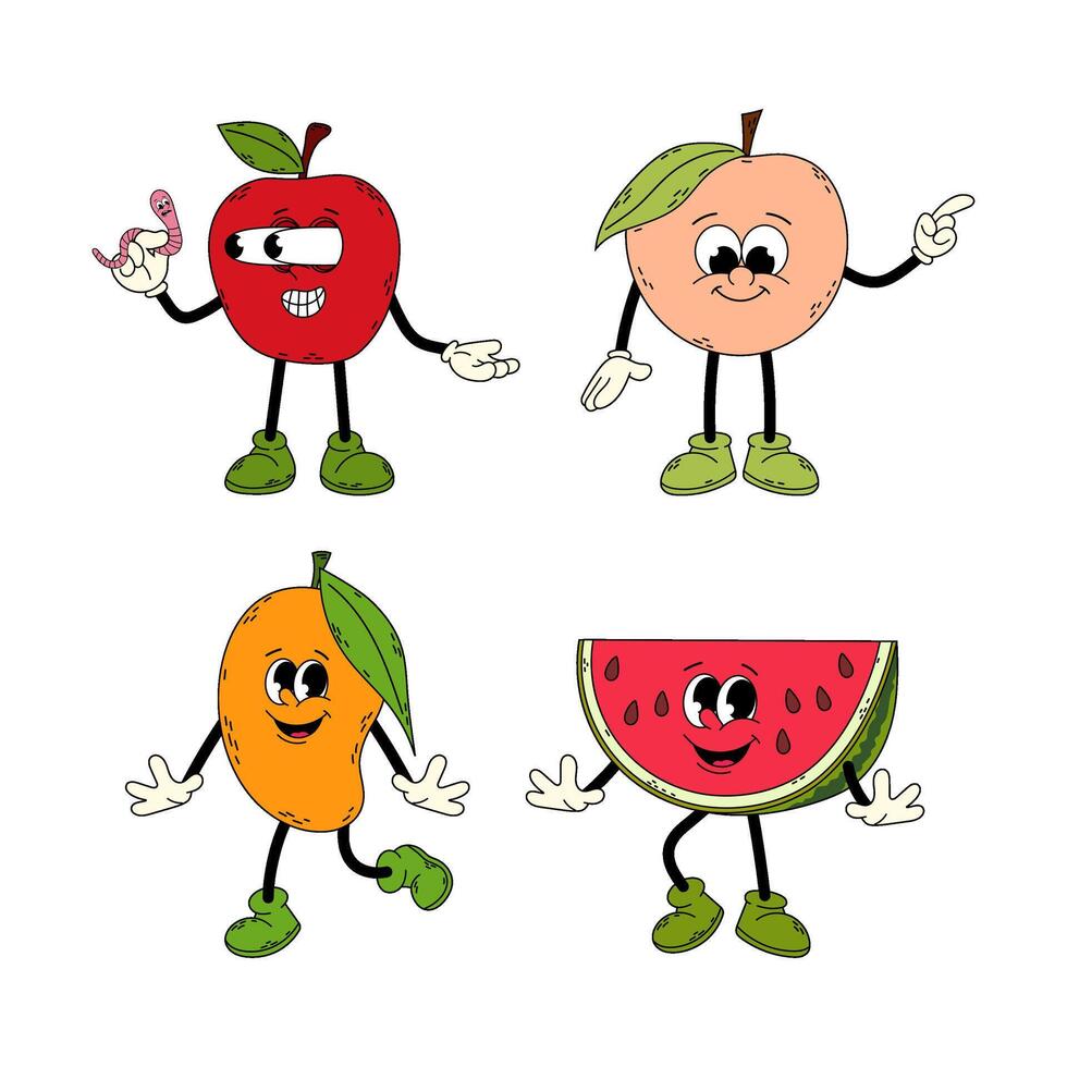 impostato di Groovy frutta. cartone animato frutta nel piatto stile. scarabocchio comico illustrazione. mano disegnato retrò Vintage ▾ di moda stile frutta cartone animato personaggio mela, pesca, Mango e anguria. vettore