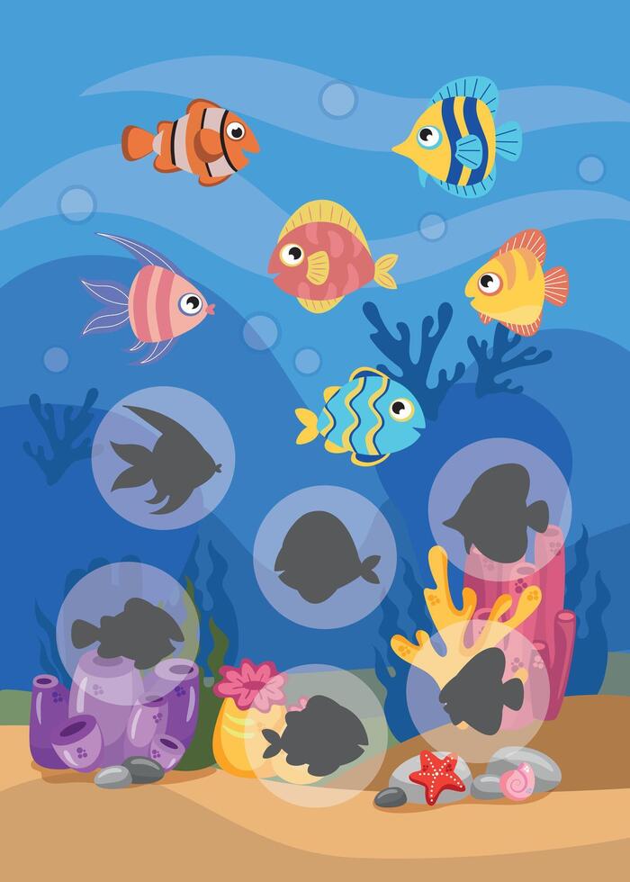 mini Giochi per bambini. bambini in età prescolare. trova il giusto ombra. foto con cartone animato pesce. Giochi 3-4 anni. mini Giochi per bambini. bambini in età prescolare. sviluppo di logica nel bambini. vettore