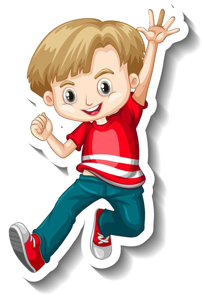 un ragazzo con una maglietta rossa adesivo personaggio dei cartoni animati vettore
