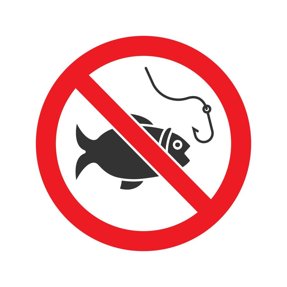 segno proibito con icona del glifo con pesce. simbolo di sagoma di arresto. nessun divieto di pesca. spazio negativo. illustrazione vettoriale isolato