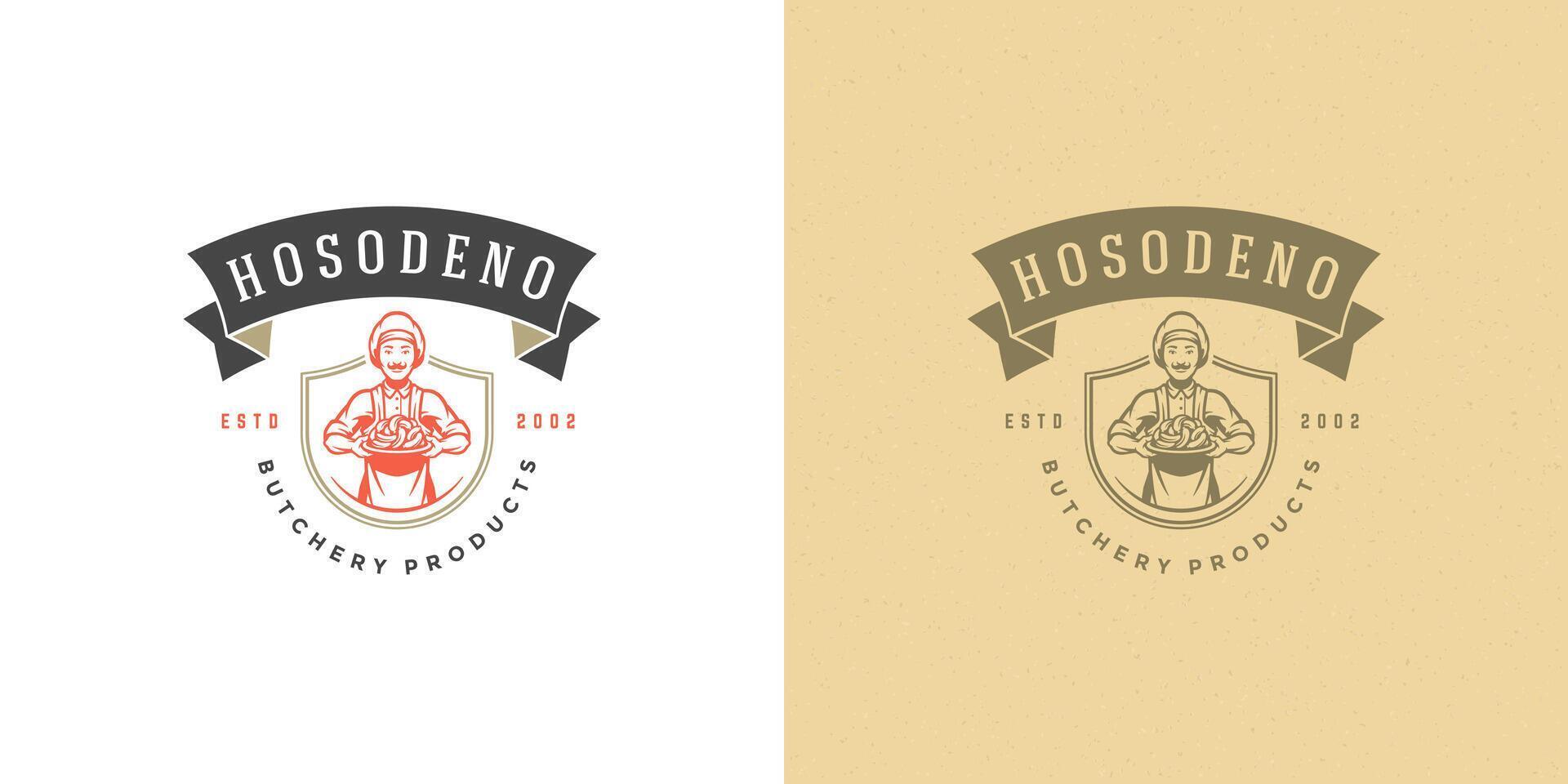 macellaio negozio logo design illustrazione capocuoco Tenere salsicce silhouette bene per ristorante menù distintivo vettore