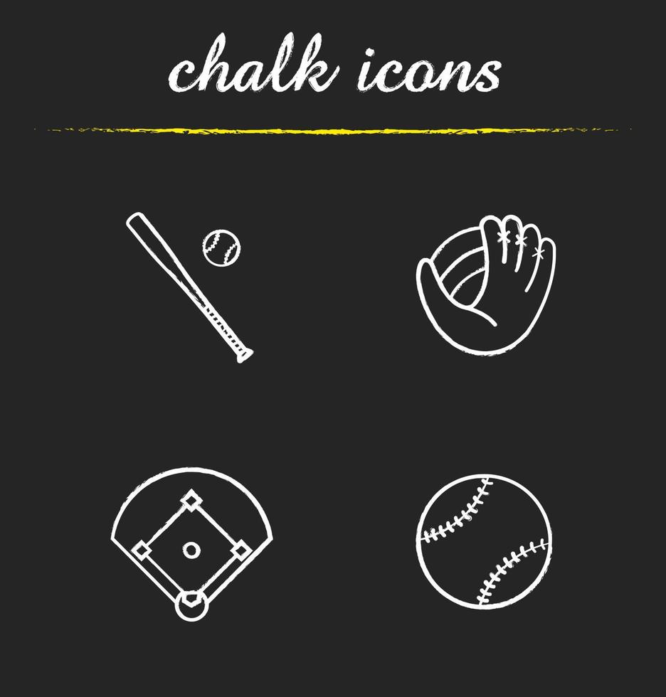 set di icone di gesso da baseball. mazza e palla, guanto, campo. attrezzatura da softball. illustrazioni di lavagna vettoriali isolate