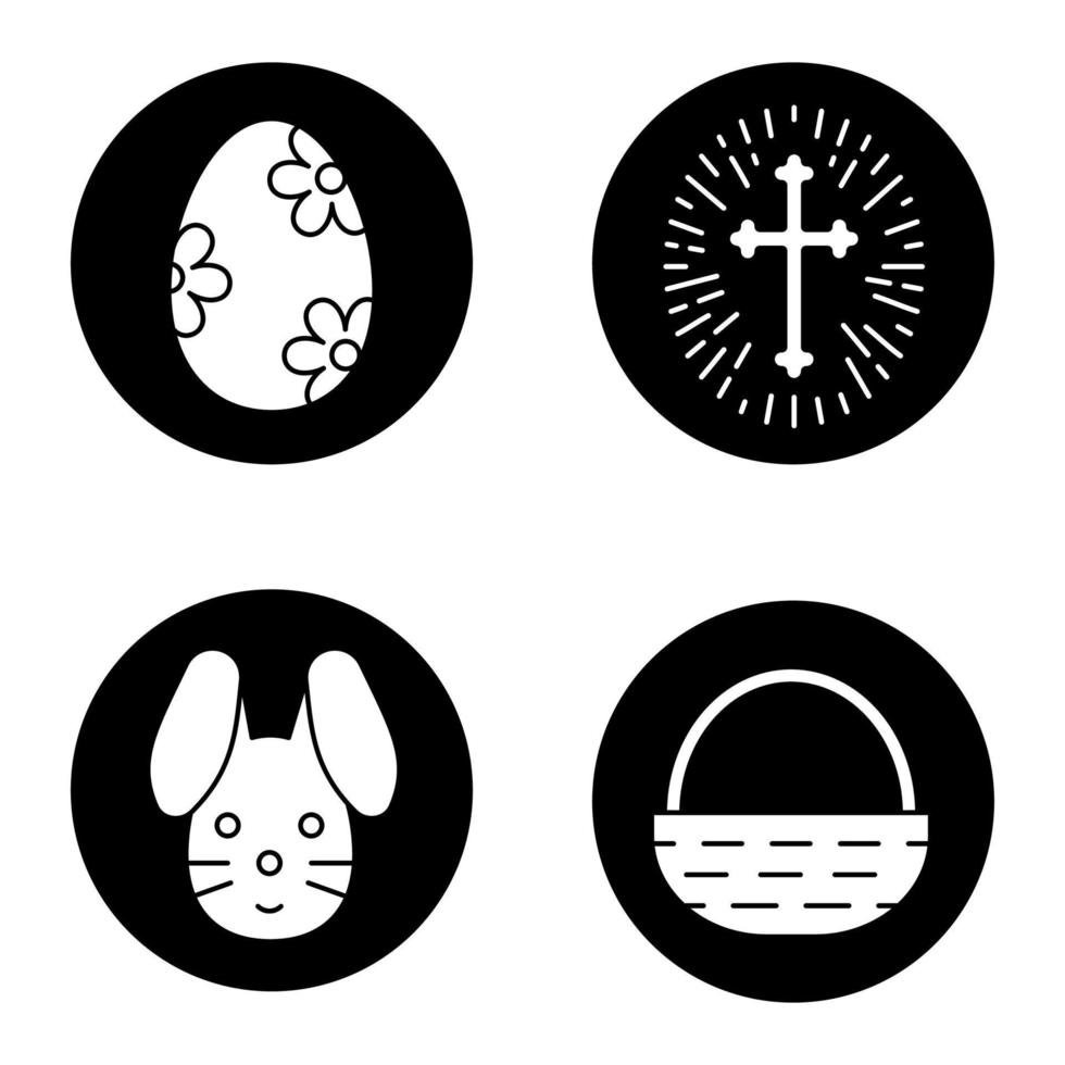 set di icone di Pasqua. crocifisso da chiesa con luce intorno, coniglietto pasquale, uovo con motivo floreale, cesto. illustrazioni vettoriali di sagome bianche in cerchi neri