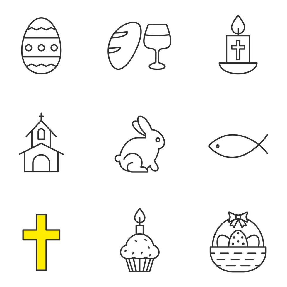 set di icone lineari di Pasqua. pane e vino, candela, pesce, chiesa, uovo di pasqua, torta con candela, coniglio, cestino, croce. simboli di contorno linea sottile. illustrazioni vettoriali isolate