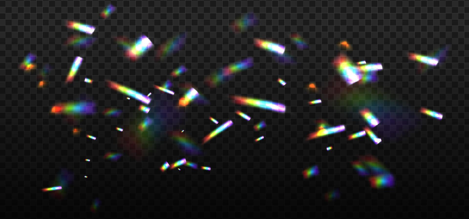 arcobaleno dispersione punti salienti su un' nero sfondo. bagliore o riflessione a partire dal acqua e bicchiere. realistico luccicante particelle per foto colpi. copertura illustrazione. vettore