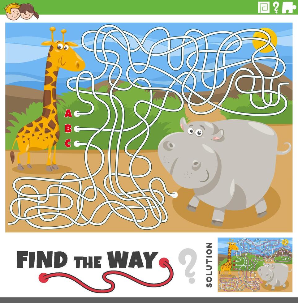 labirinto gioco con cartone animato giraffa e ippopotamo animali vettore