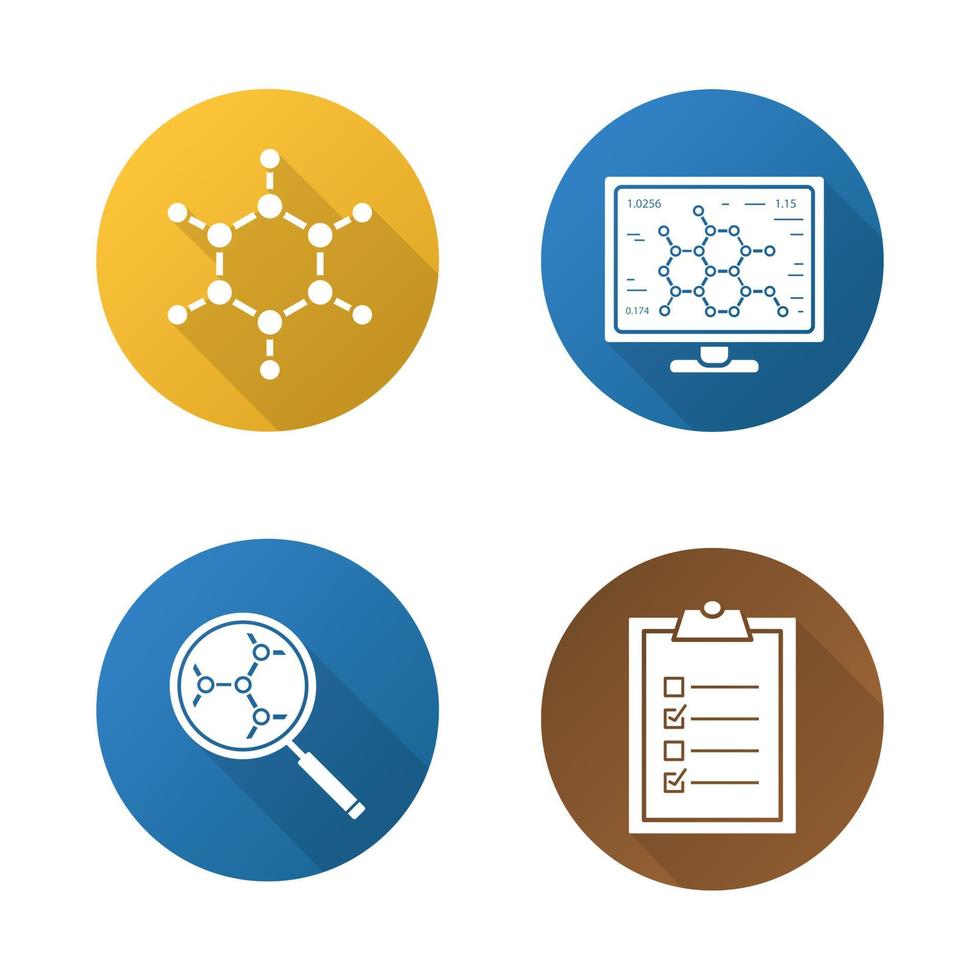 set di icone lunghe ombra di design piatto del laboratorio di scienze. molecola, computer di laboratorio, analisi della struttura molecolare, lista di controllo dei test. illustrazione vettoriale silhouette