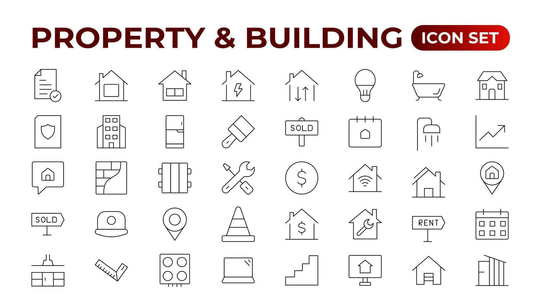 impostato di linea icone relazionato per vero proprietà, proprietà, acquisto, affitto, Casa, casa. schema icona collezione. illustrazione. vero tenuta grande ui impostato nel un' piatto design. magro schema pacchetto. vettore