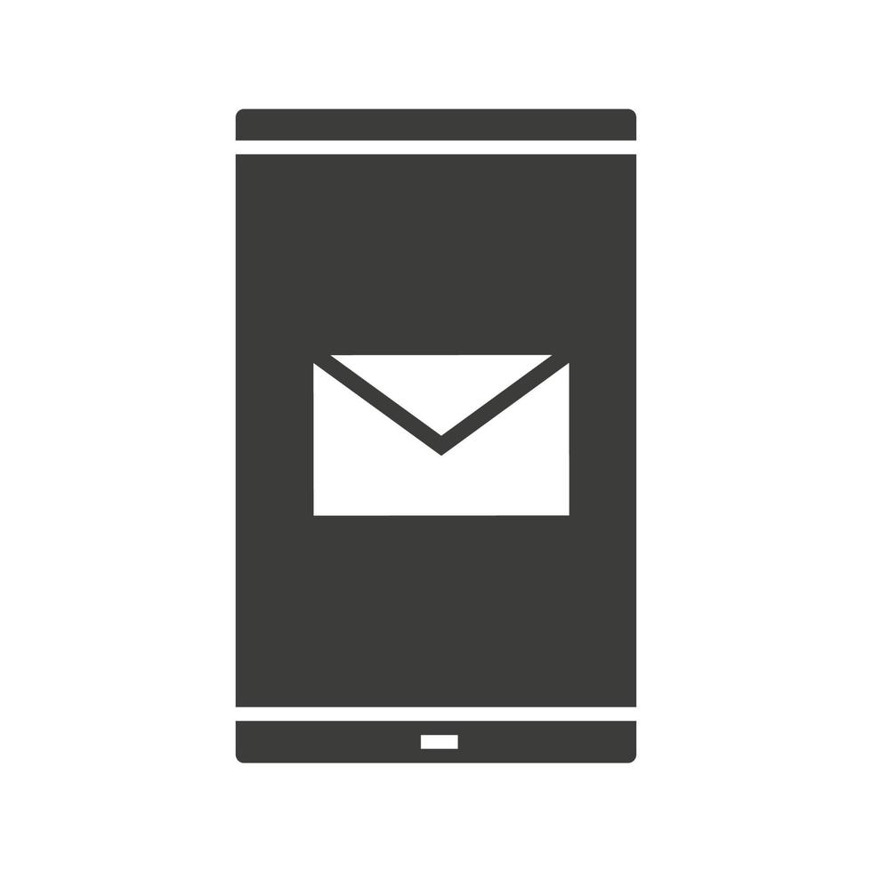 icona del glifo con messaggio sms smartphone. simbolo di sagoma. smartphone con lettera e-mail. spazio negativo. illustrazione vettoriale isolato