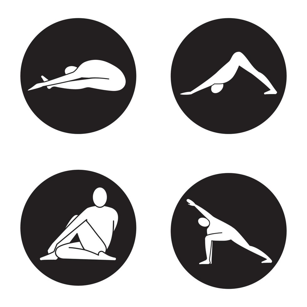 set di icone di yoga asana. posizioni yoga paschimottanasana, adho mukha svanasana, ardha matsyendrasana, utthita parsvakonasana. illustrazioni vettoriali di sagome bianche in cerchi neri