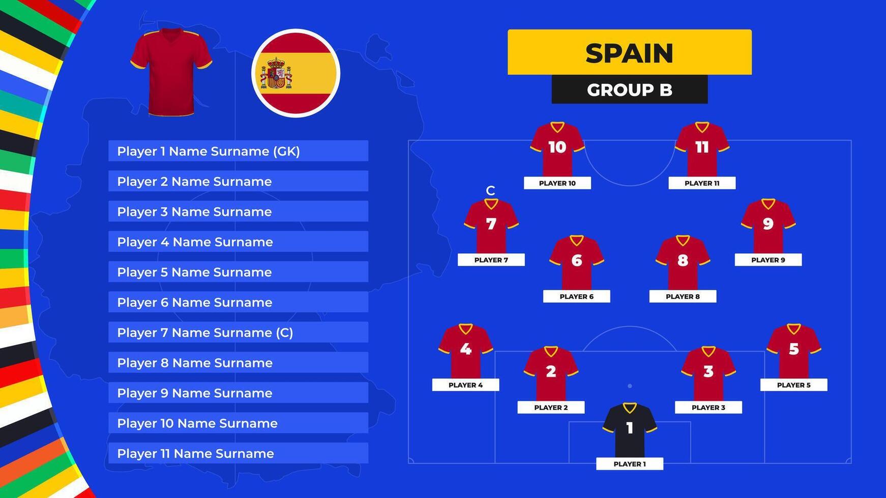 allineare di il Spagna nazionale calcio squadra. maglietta e bandiera. calcio campo con il formazione di Spagna Giocatori a il europeo torneo 2024. illustrazione. vettore