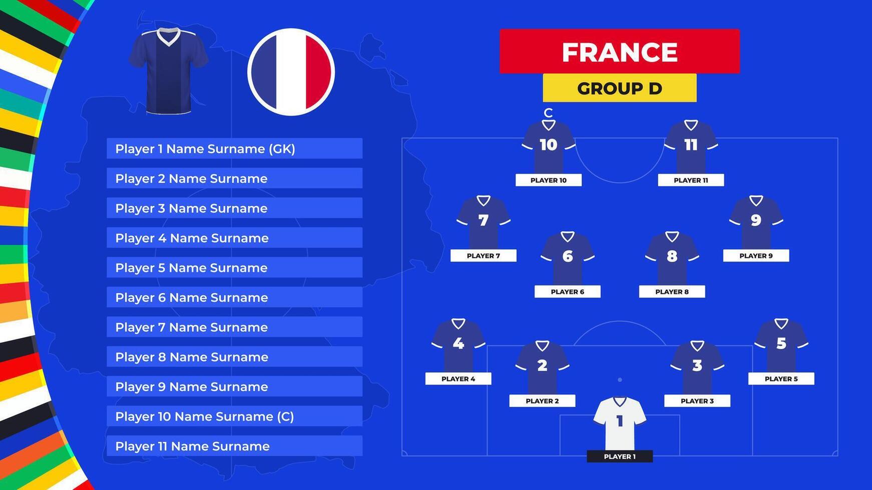 maglietta e bandiera. allineare di il Francia nazionale calcio squadra. calcio campo con il formazione di Francia Giocatori a il europeo torneo 2024. vettore