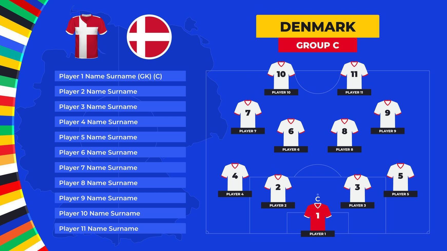 allineare di il Danimarca nazionale calcio squadra. maglietta e bandiera. calcio campo con il formazione di Danimarca Giocatori a il europeo torneo 2024. vettore