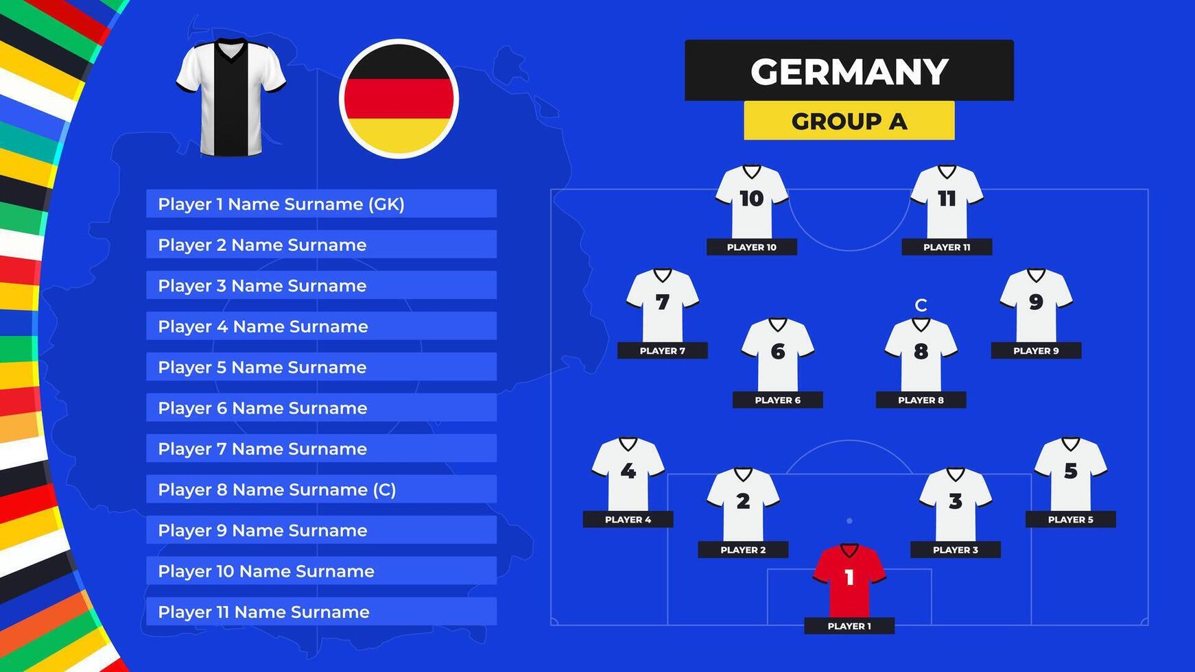 allineare di il Tedesco nazionale calcio squadra. maglietta e bandiera. calcio campo con il formazione di Germania Giocatori a il europeo torneo 2024. vettore