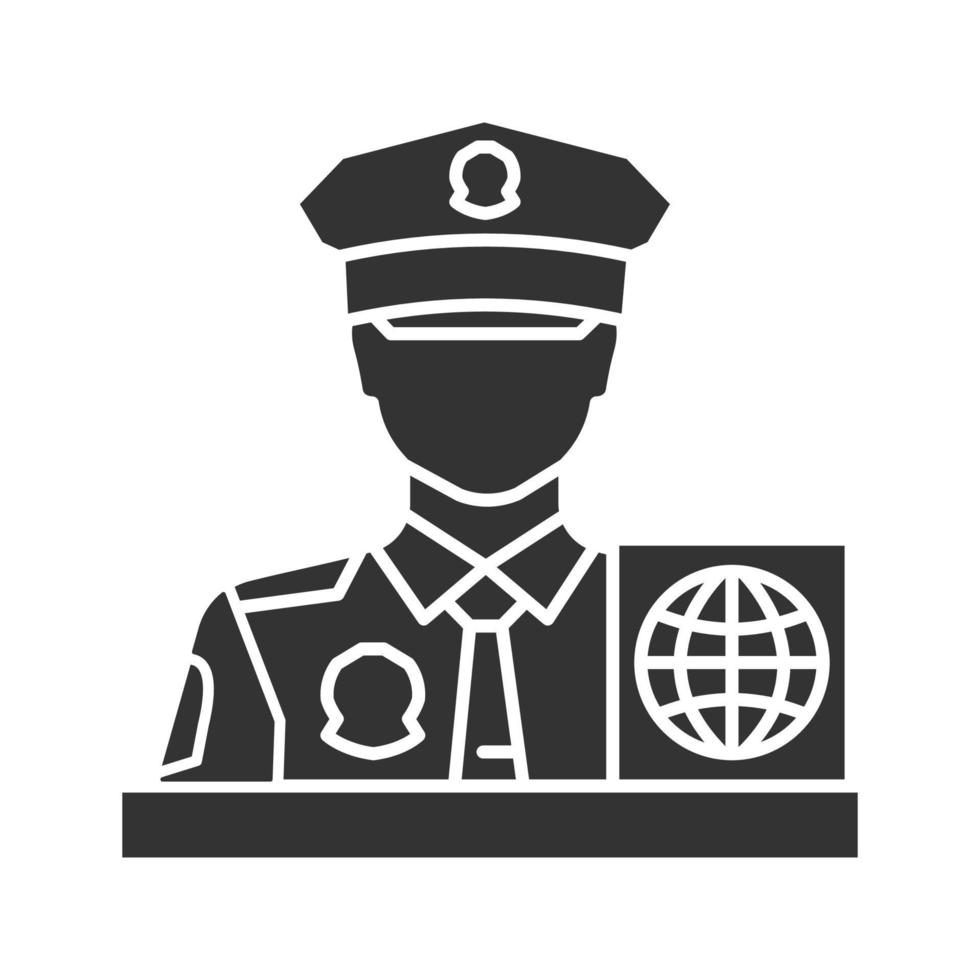 icona del glifo con ufficiale di controllo passaporti. servizio di protezione delle frontiere. simbolo di sagoma. spazio negativo. illustrazione vettoriale isolato