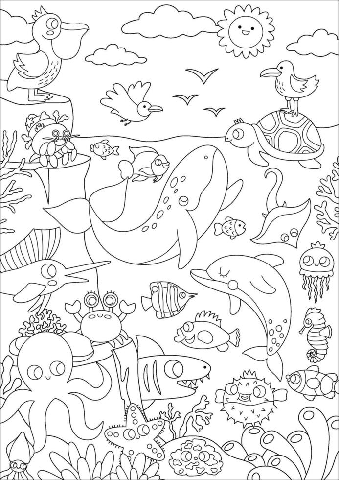 nero e bianca sotto il mare paesaggio illustrazione con roccia pendenza. oceano vita linea scena con animali, delfino, balena, gabbiano, pellicano. verticale acqua natura sfondo o colorazione pagina vettore
