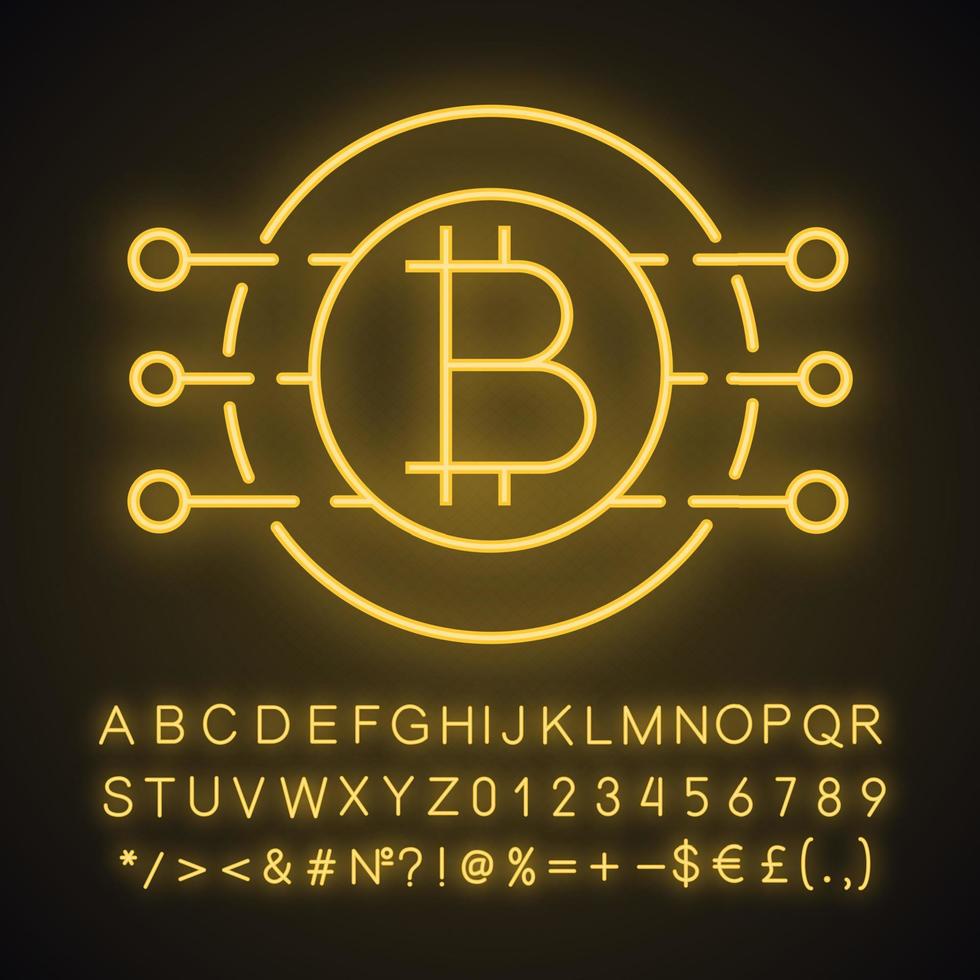 icona della luce al neon bitcoin. valuta virtuale. Banca online. pagamento bitcoin. percorsi microchip con moneta all'interno. segno luminoso con alfabeto, numeri e simboli. illustrazione vettoriale isolato