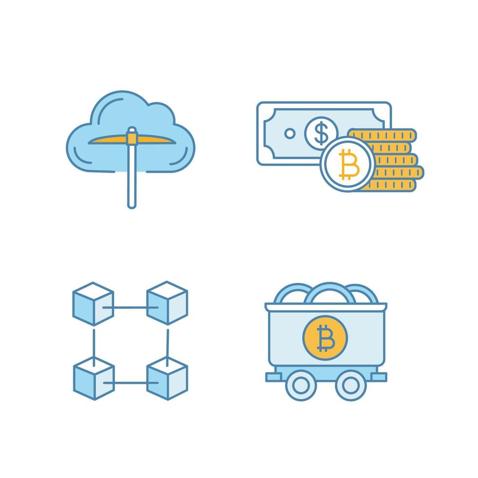 set di icone di colore criptovaluta bitcoin. cloud mining, risparmio, blockchain, carrello da miniera con monete bitcoin. illustrazioni vettoriali isolate