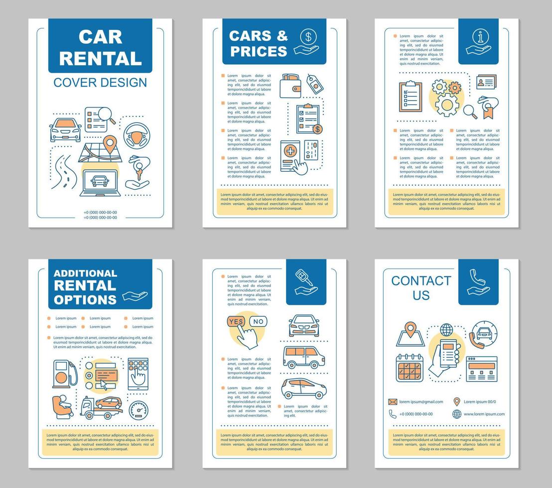 layout del modello di brochure di noleggio auto. affittare una macchina. opzioni di leasing auto, prezzi. volantino, opuscolo, stampa di volantini con illustrazioni lineari. layout di pagina vettoriale per riviste, report, poster