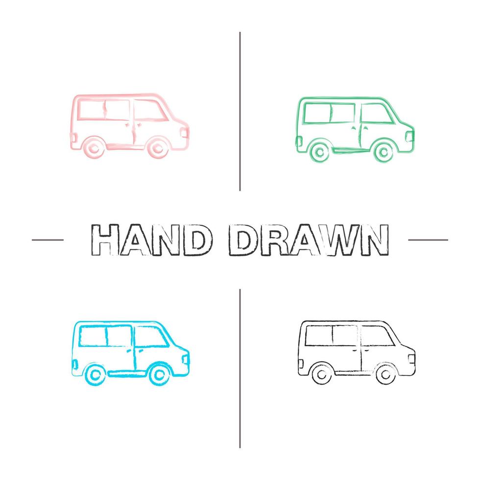 set di icone disegnate a mano minibus. pennellata di colore. minivan. auto di famiglia. illustrazioni abbozzate vettoriali isolate