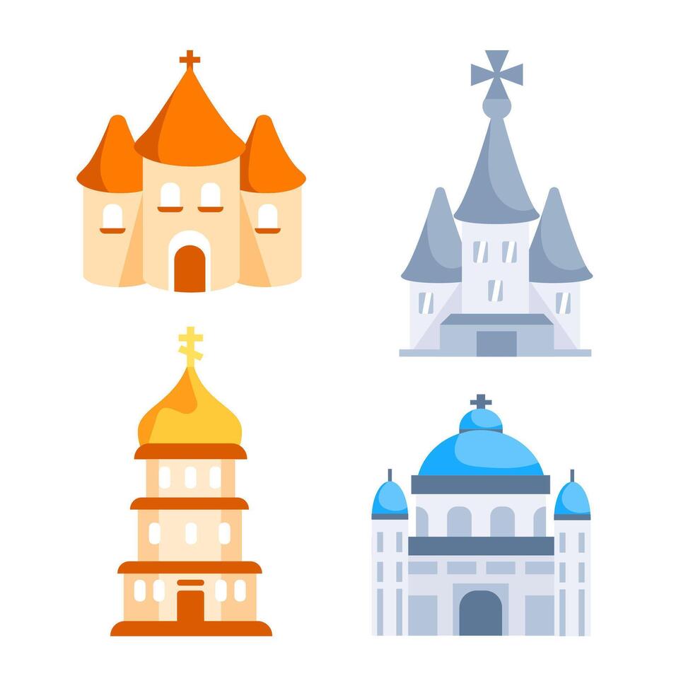 Chiesa icone impostare. religione architettura edifici con bicchiere finestre vettore